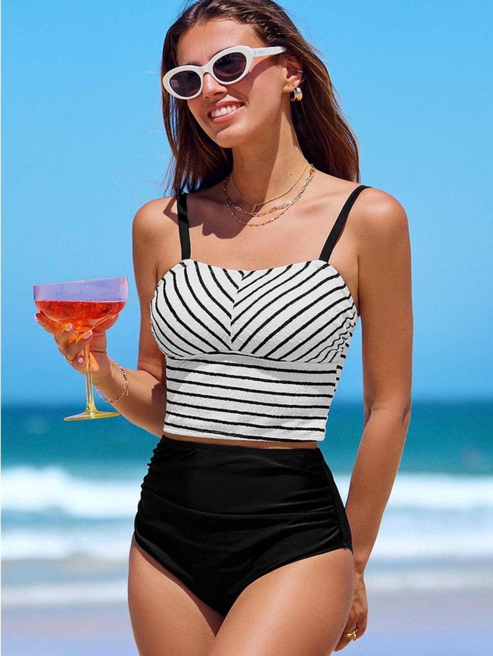 NWT Cupshe Striped Square Neck Tankini Top & High-Waisted Bottoms Set